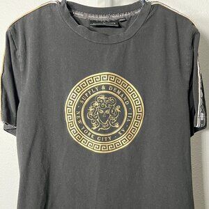 Supply & Demand Medusa Head Black & Gold Tee w Ribbon Sleeve SZ Lrg